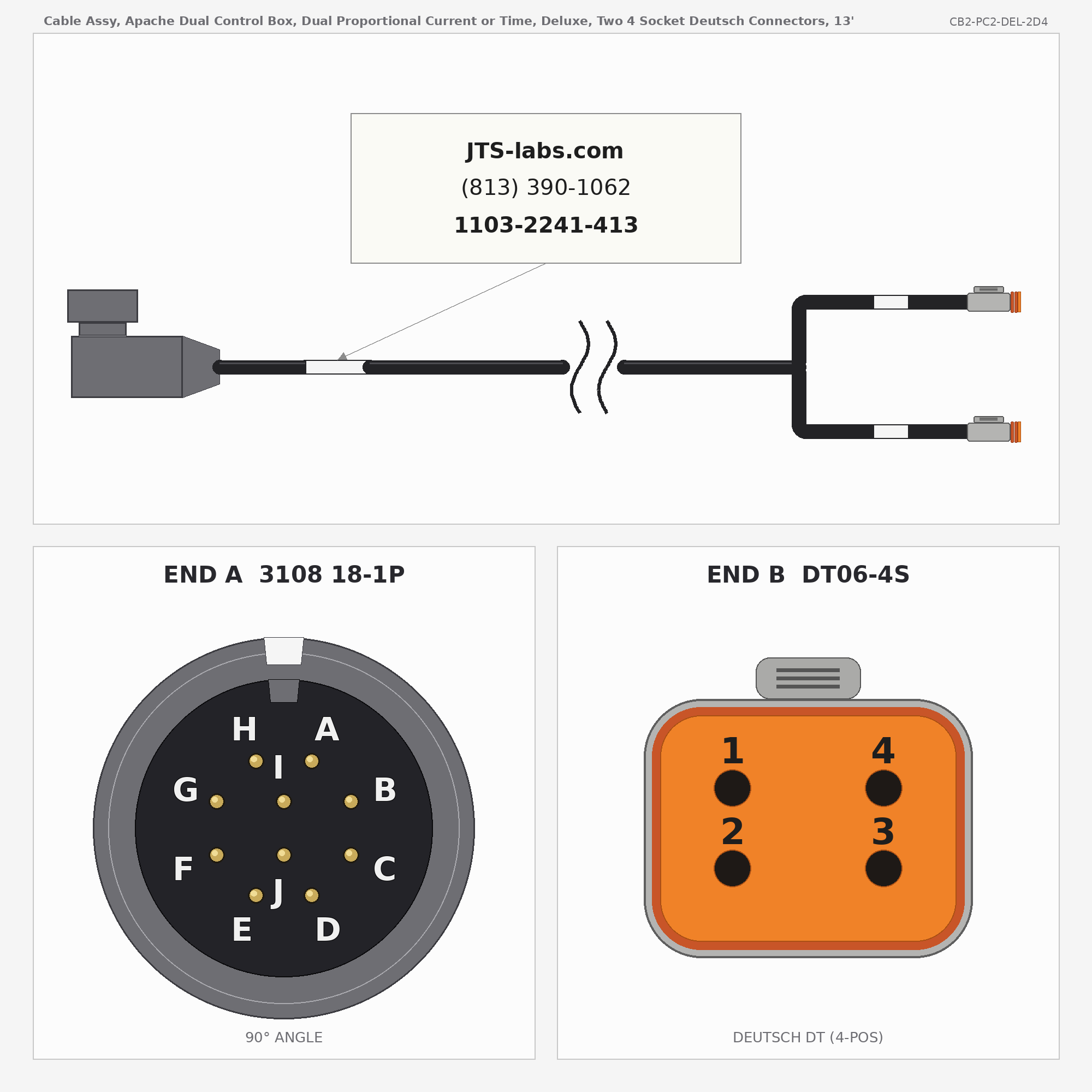 Line drawing of CB2-PC2-DEL-2D4 cable assembly
