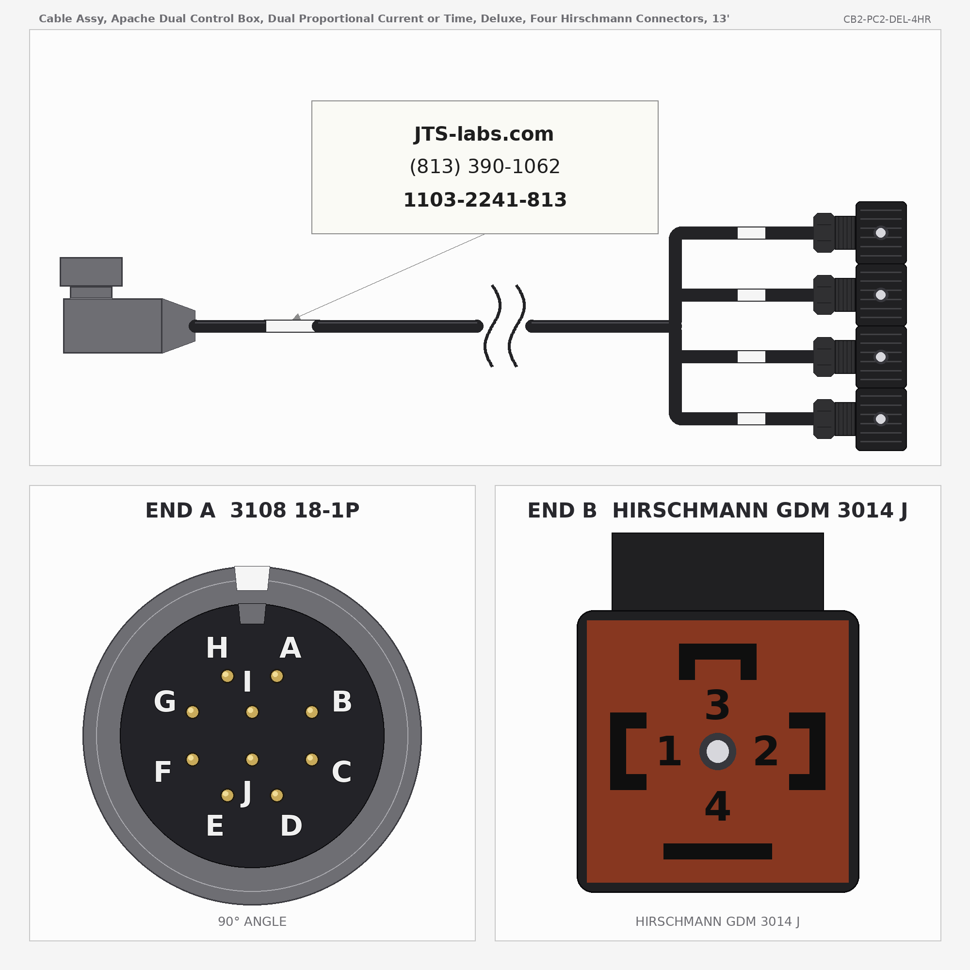 Line drawing of CB2-PC2-DEL-4HR cable assembly