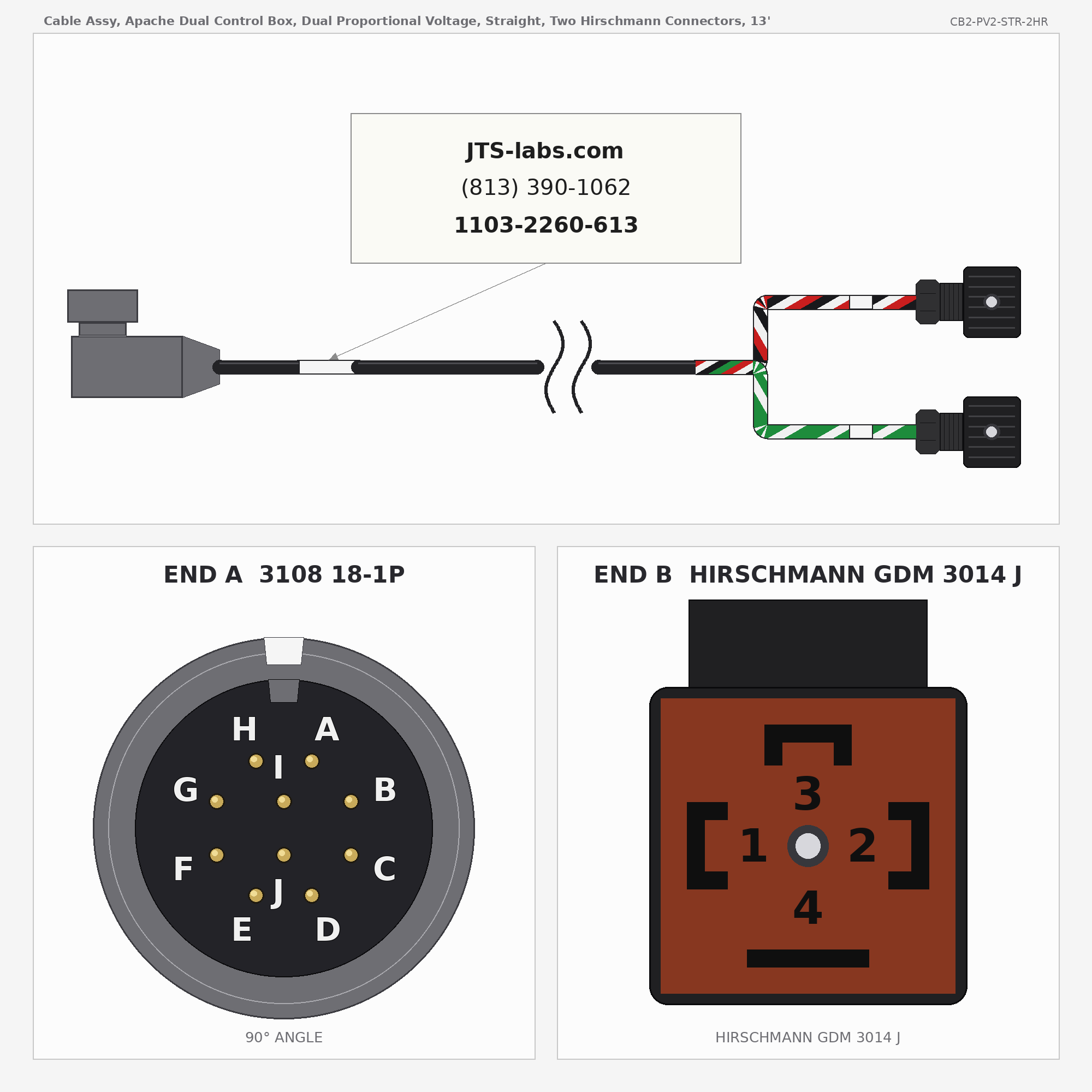 Line drawing of CB2-PV2-STR-2HR cable assembly