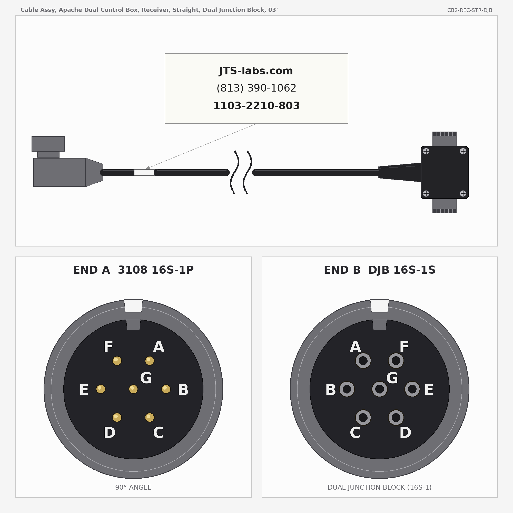 Line drawing of CB2-REC-STR-DJB cable assembly