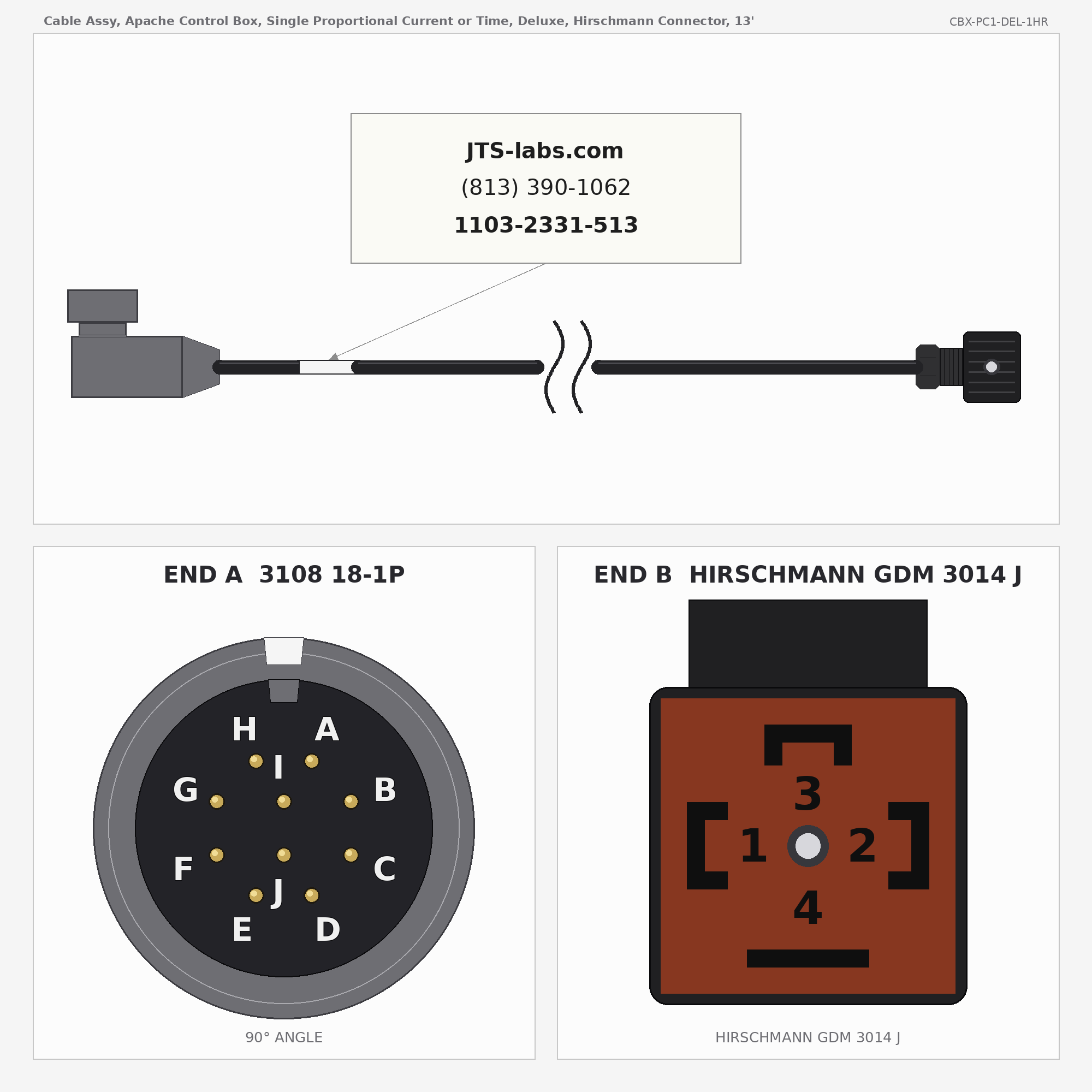 Line drawing of CBX-PC1-DEL-1HR cable assembly