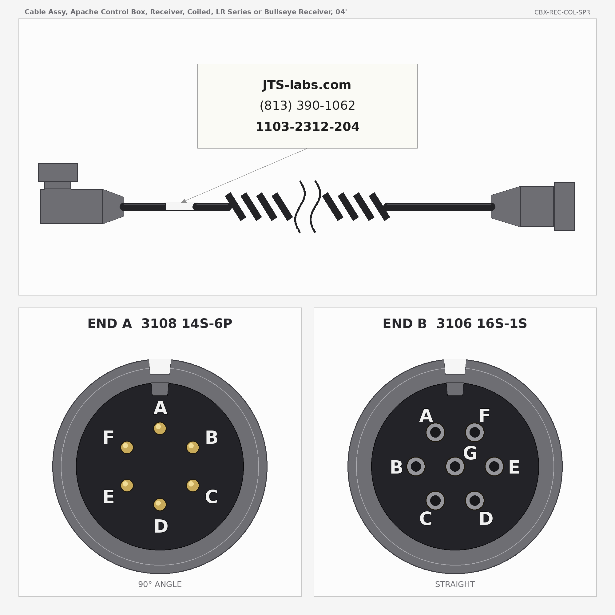 Line drawing of CBX-REC-COL-SPR cable assembly
