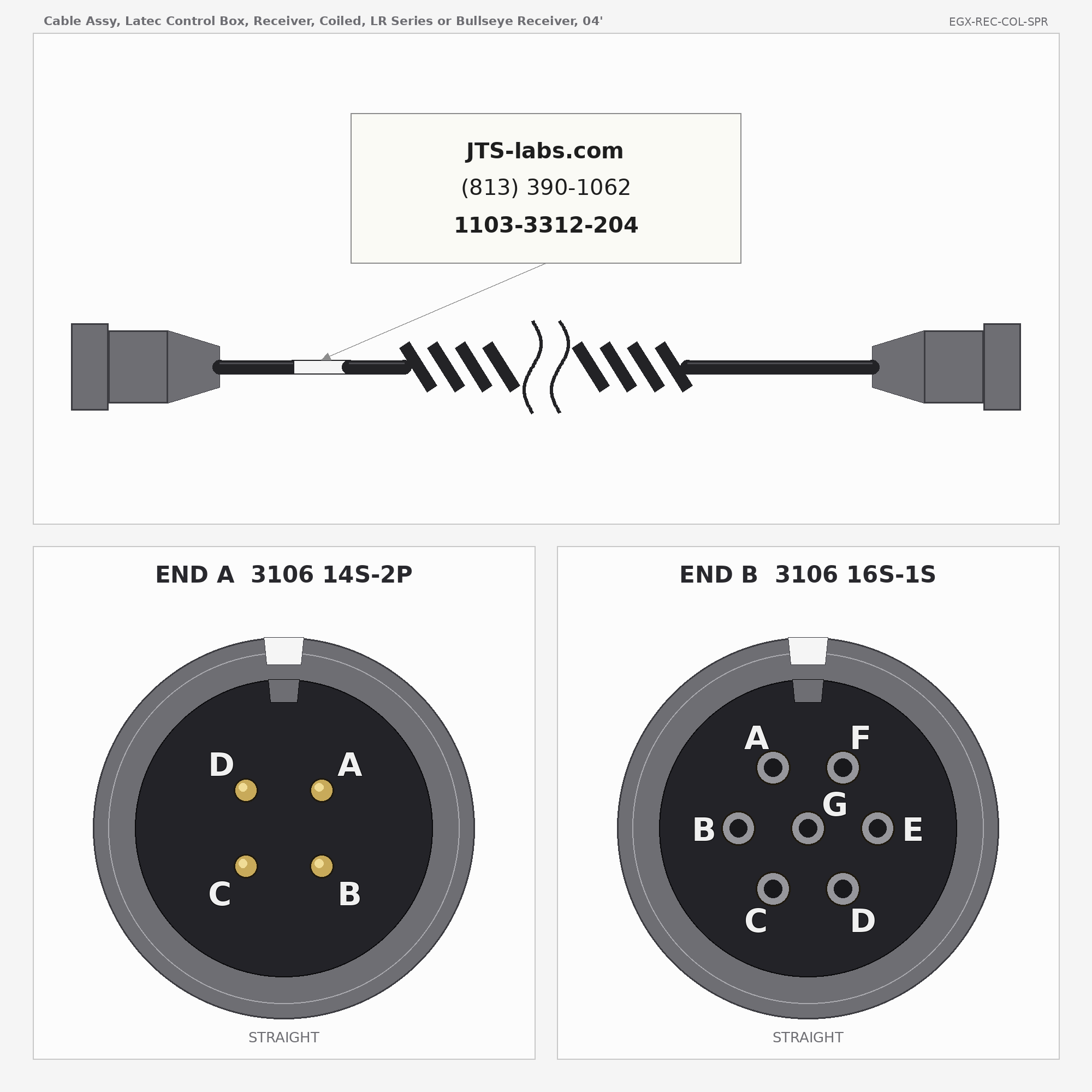 Line drawing of EGX-REC-COL-SPR cable assembly