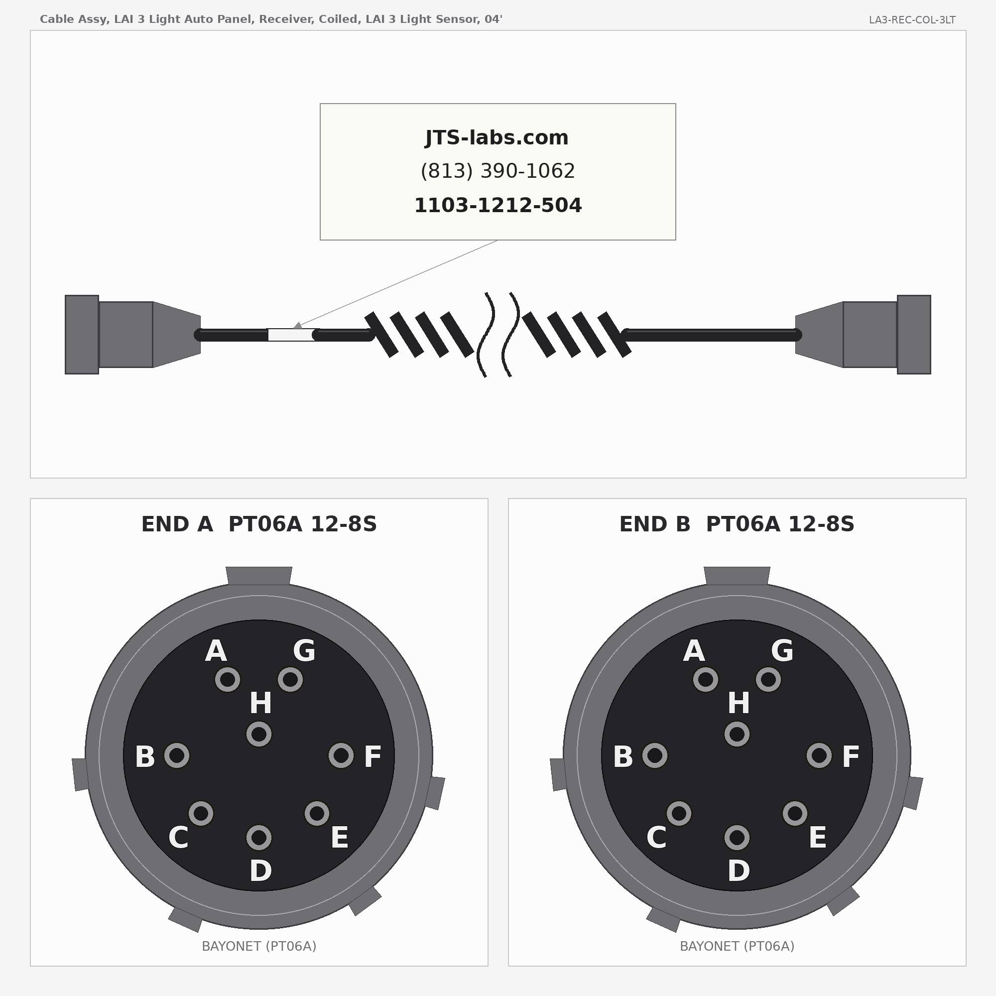 Line drawing of LA3-REC-COL-3LT cable assembly