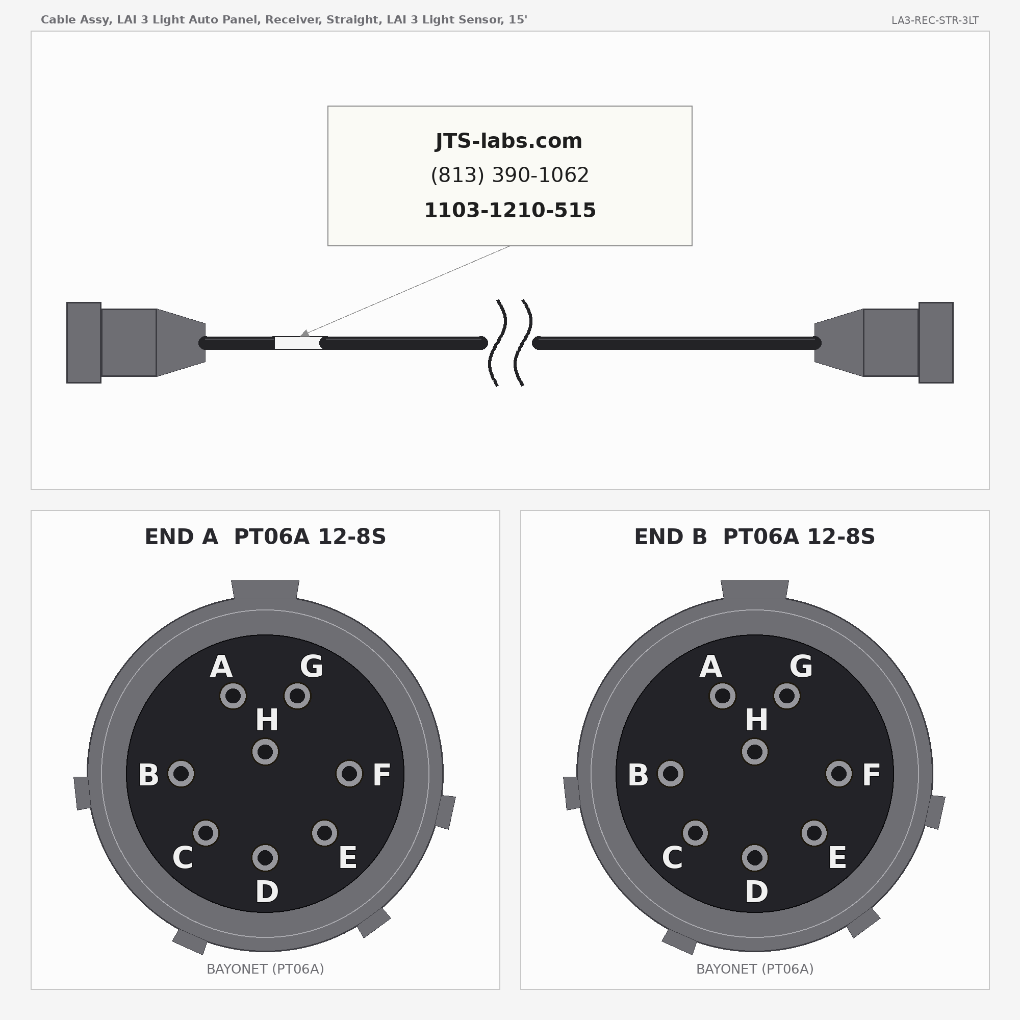 Line drawing of LA3-REC-STR-3LT cable assembly