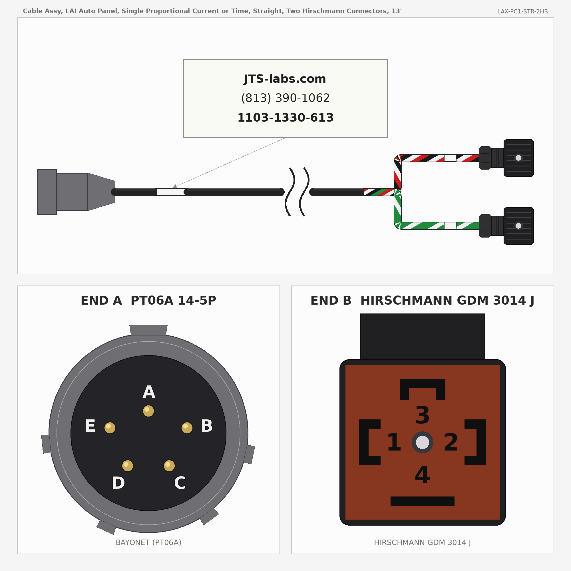 Line drawing of LAX-PC1-STR-2HR cable assembly