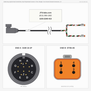 Cable Assy, Apache Dual Control Box, Dual Proportional Current or Time, Straight, Two 4 Socket Deutsch Connectors, 13'